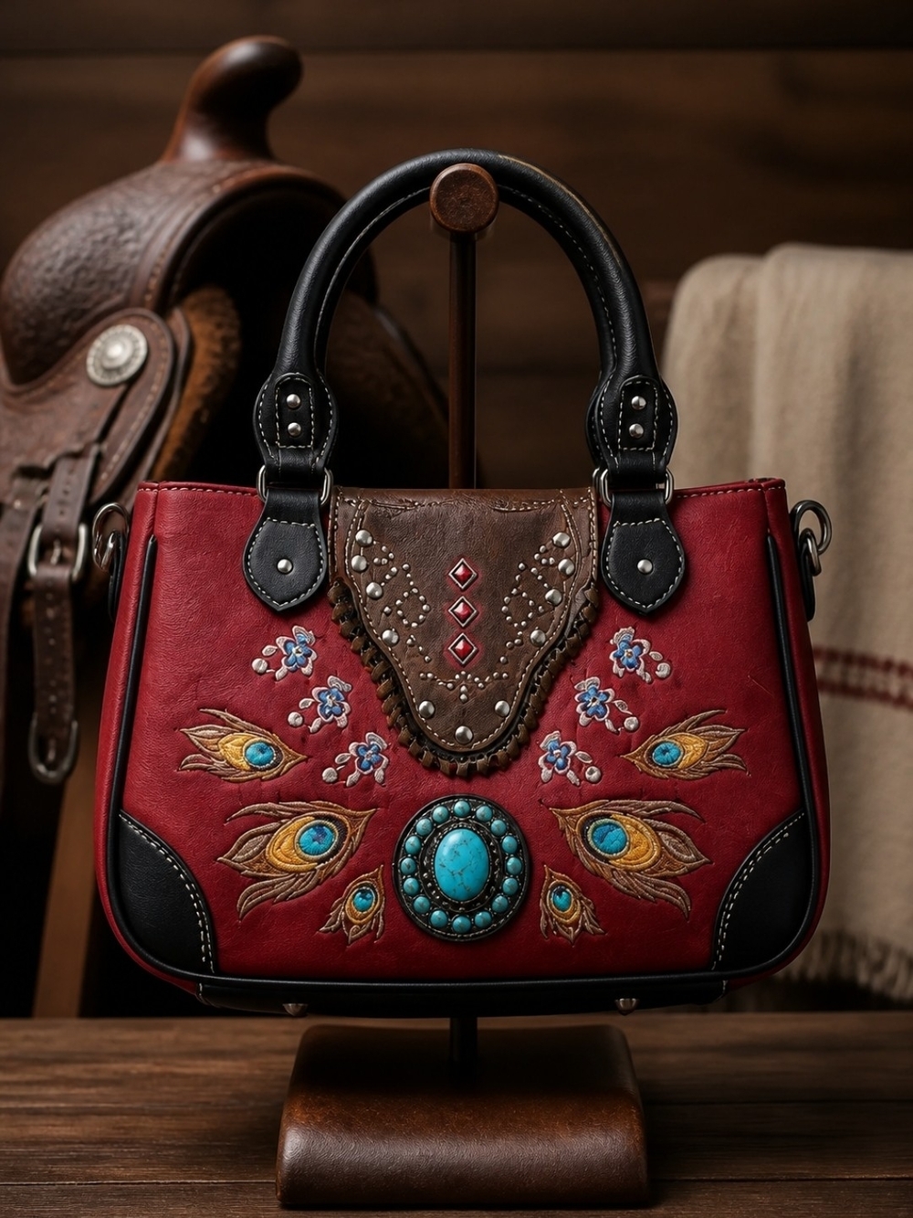 Red Embroidered Turquoise Accent Satchel Handbag